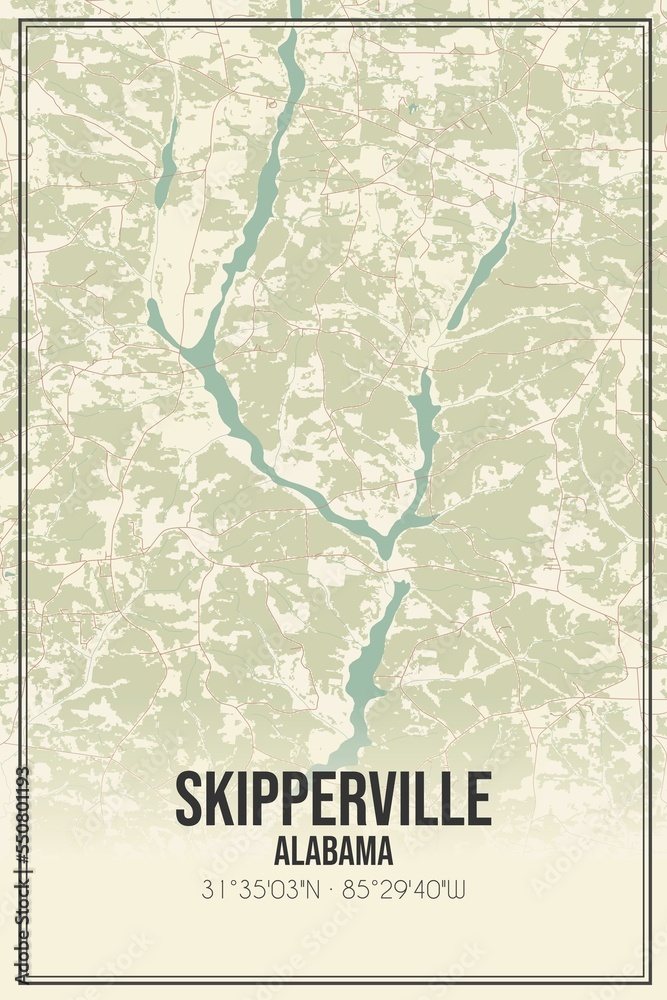 Obraz premium Retro US city map of Skipperville, Alabama. Vintage street map.