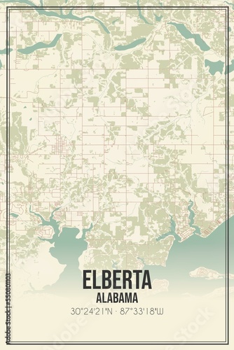 Retro US city map of Elberta  Alabama. Vintage street map.