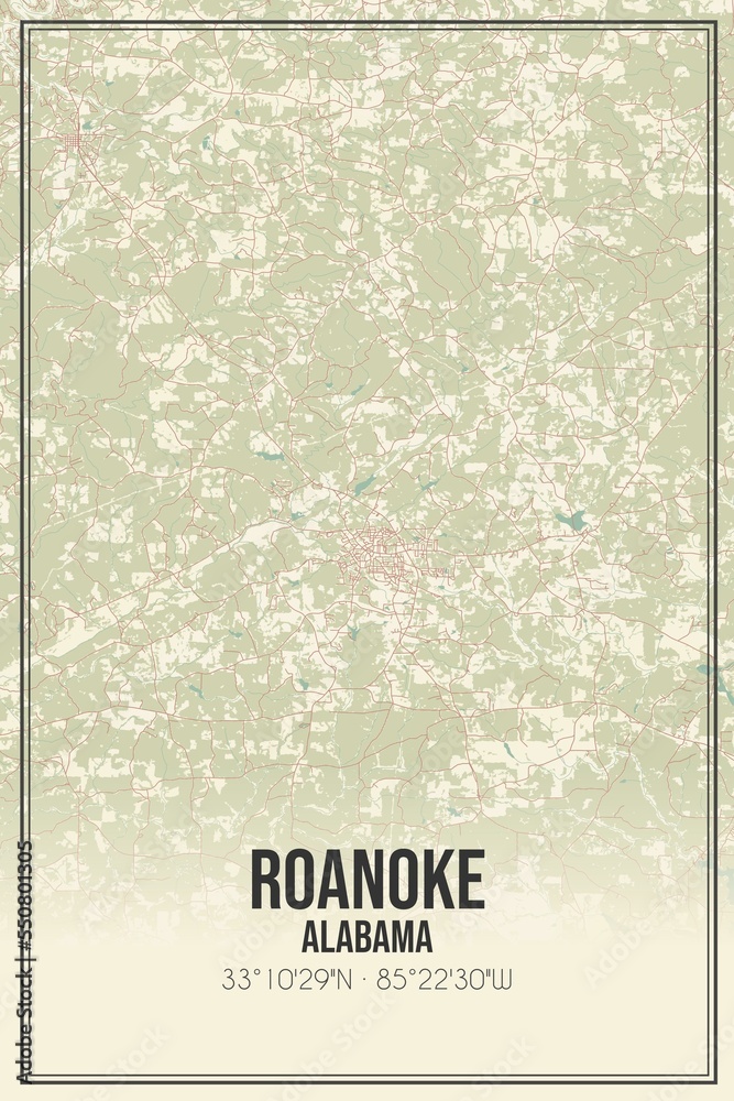 Retro US city map of Roanoke, Alabama. Vintage street map.