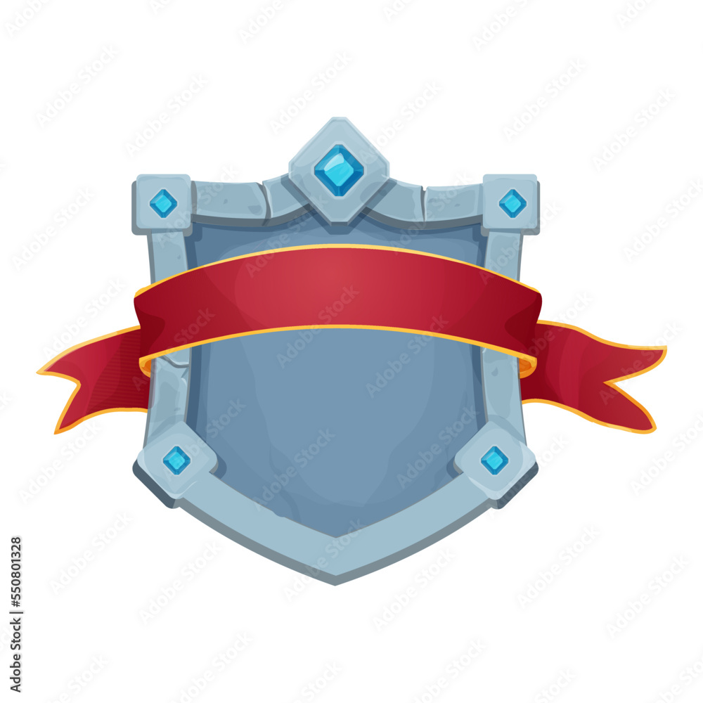 Stone frame with border and gemstones, shield shape, red award ribbon empty medieval menu panel in cartoon style isolated on white background.