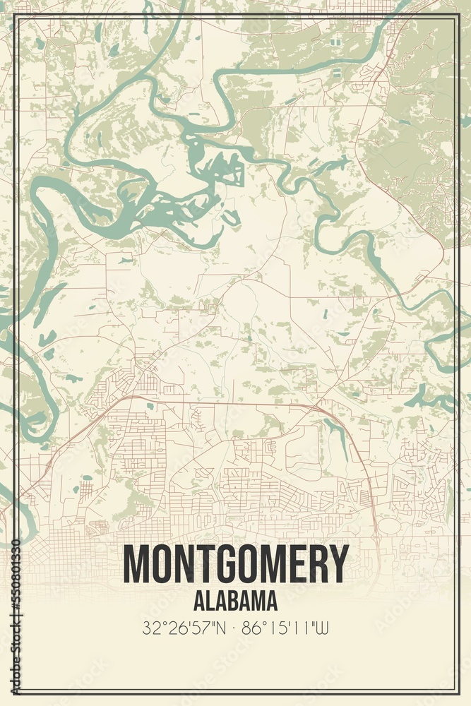 Retro US city map of Montgomery, Alabama. Vintage street map.