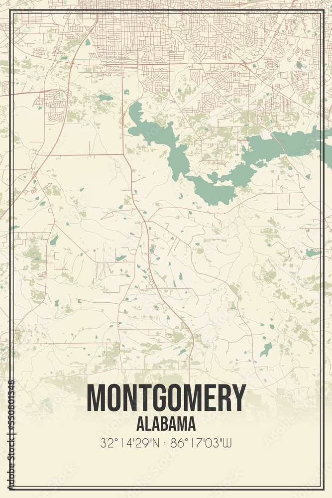 Retro US city map of Montgomery, Alabama. Vintage street map.