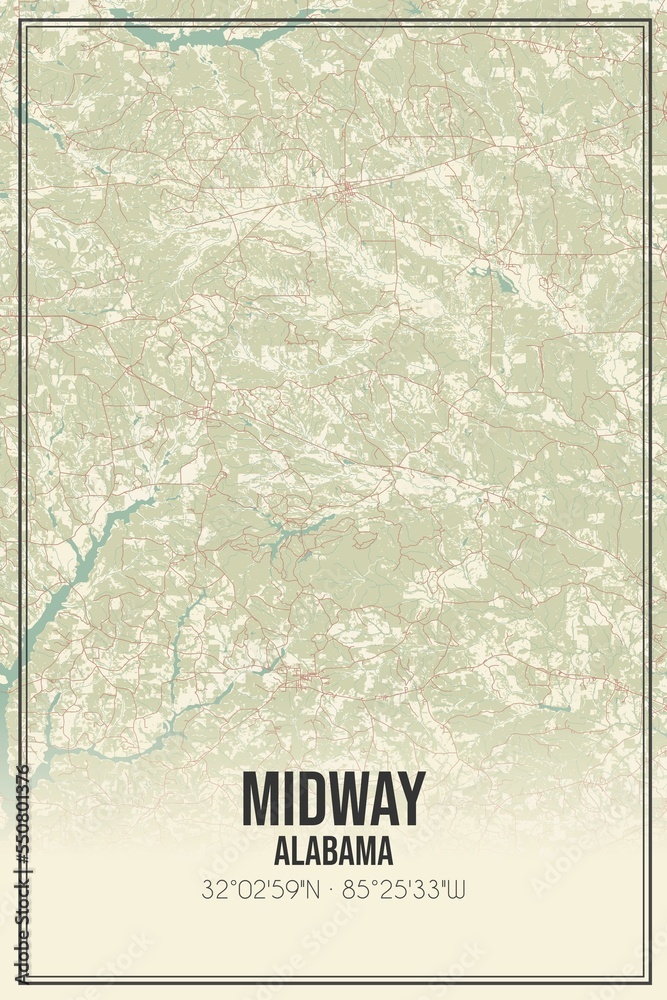 Retro US city map of Midway, Alabama. Vintage street map.