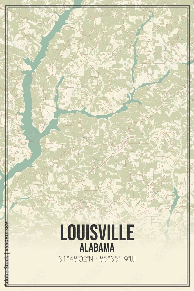Retro US city map of Louisville, Alabama. Vintage street map.