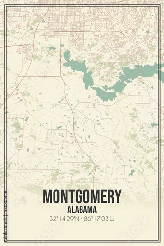 Retro US city map of Montgomery  Alabama. Vintage street map.