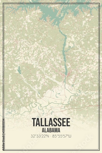 Retro US city map of Tallassee, Alabama. Vintage street map. photo