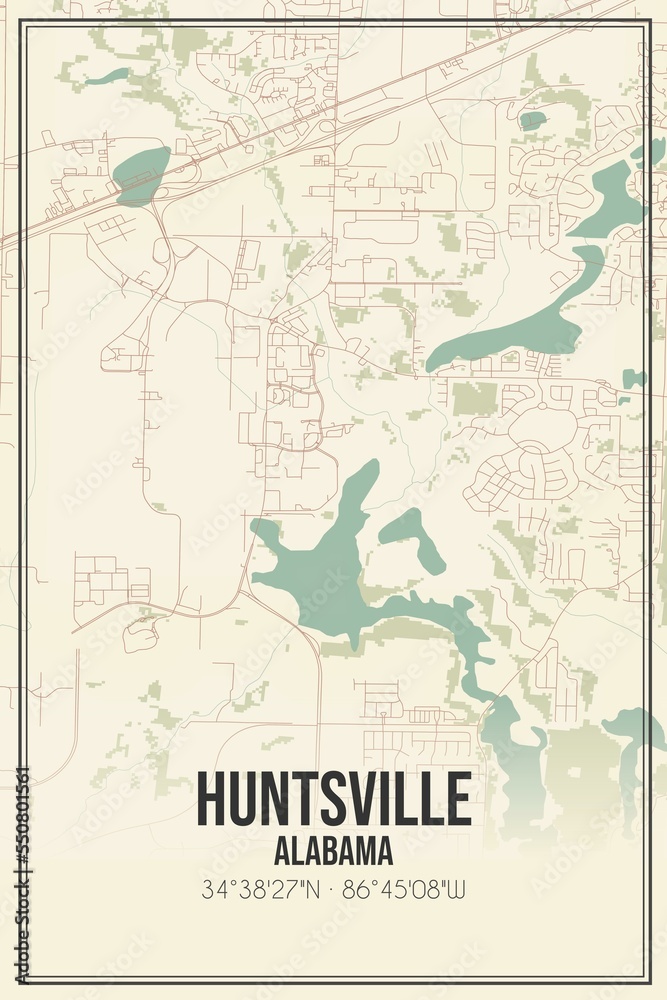 Retro US city map of Huntsville, Alabama. Vintage street map. Stock