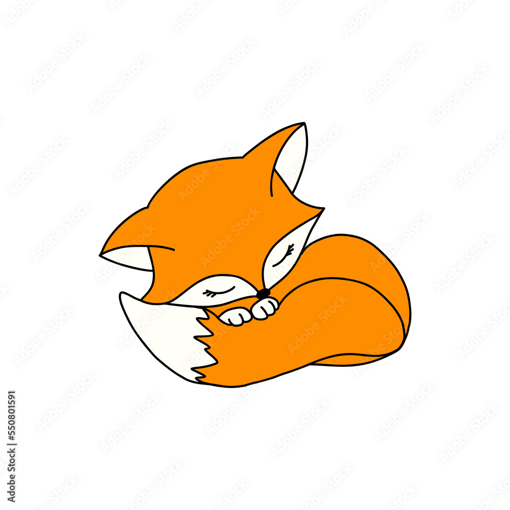Obraz premium Cute orange sleeping fox. Animal of the forest. Flat outline childish vector illustration.
