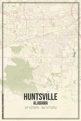 Retro US city map of Huntsville, Alabama. Vintage street map.