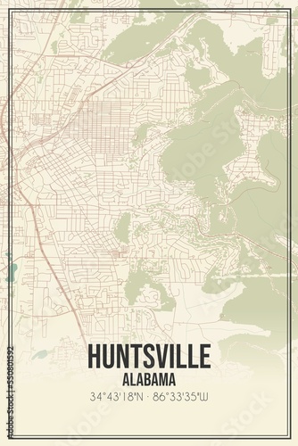 Fototapeta Naklejka Na Ścianę i Meble -  Retro US city map of Huntsville, Alabama. Vintage street map.