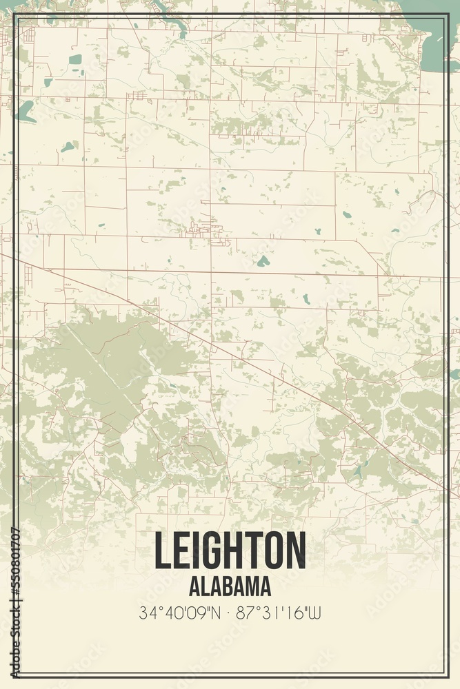Retro US city map of Leighton, Alabama. Vintage street map.
