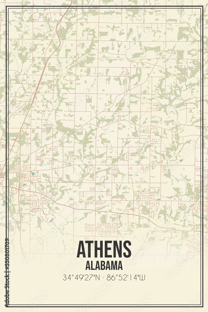 Retro US city map of Athens, Alabama. Vintage street map.