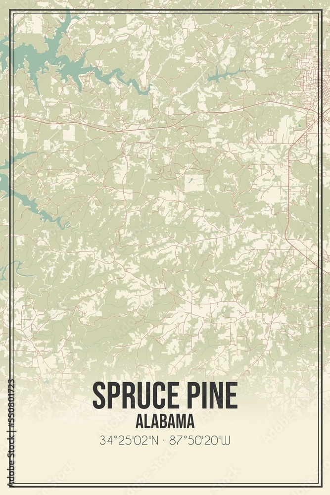 Retro US city map of Spruce Pine, Alabama. Vintage street map.