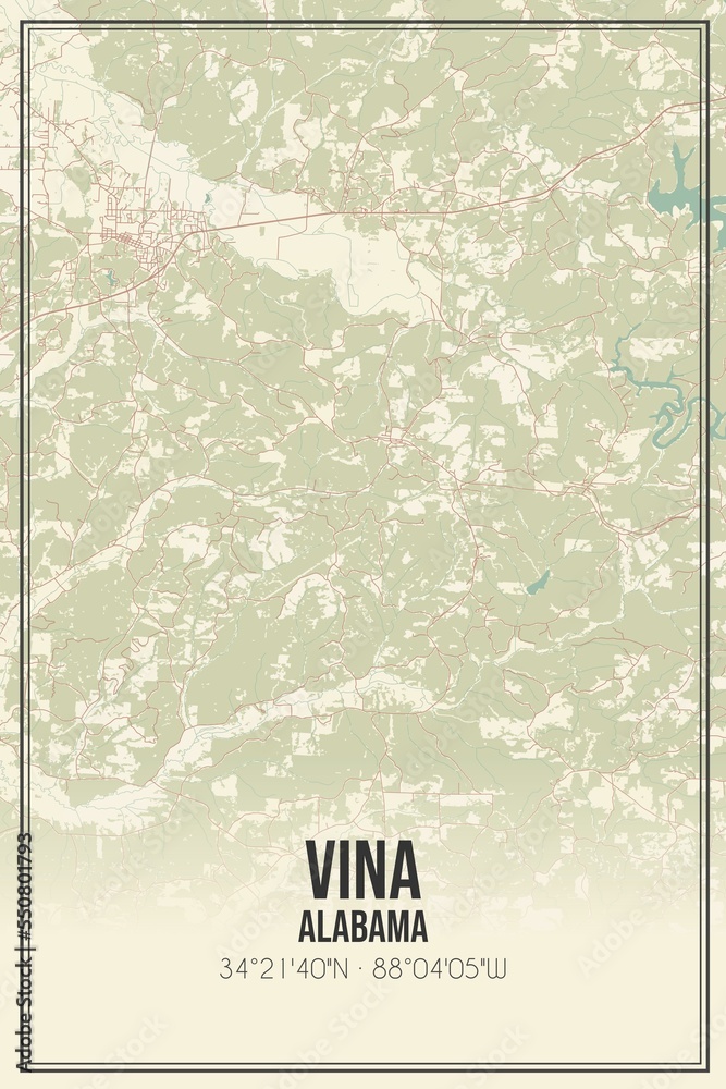 Retro US city map of Vina, Alabama. Vintage street map. Stock Illustration Adobe Stock