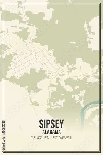 Retro US city map of Sipsey  Alabama. Vintage street map.