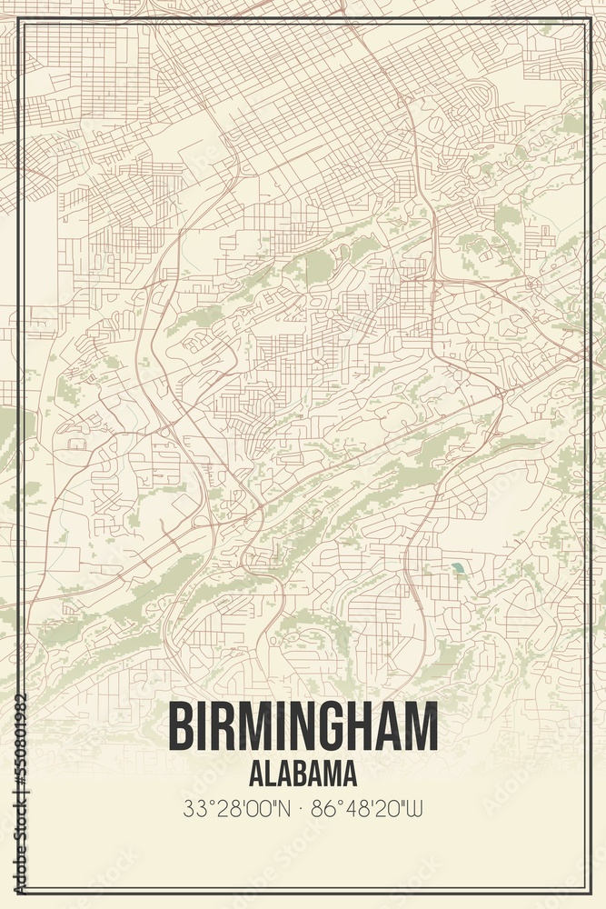 Retro US city map of Birmingham, Alabama. Vintage street map.