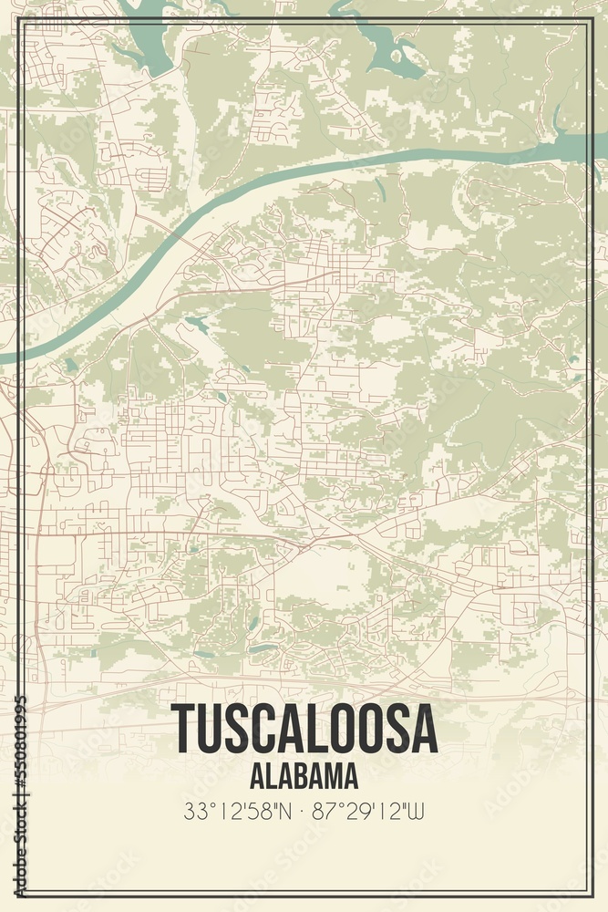 Retro US city map of Tuscaloosa, Alabama. Vintage street map.