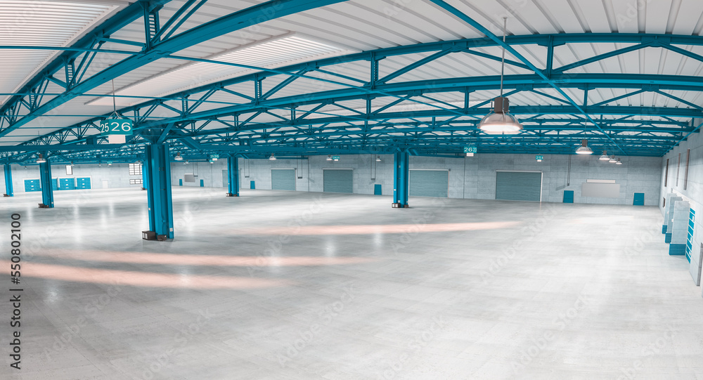 interior of an empty modern warehouse with blue structures. interior of an empty modern warehouse with blue structures.