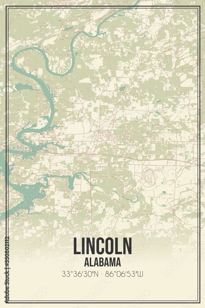 Retro US city map of Lincoln, Alabama. Vintage street map.