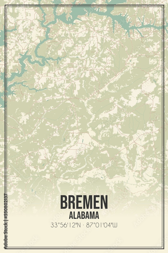 Retro US city map of Bremen, Alabama. Vintage street map.