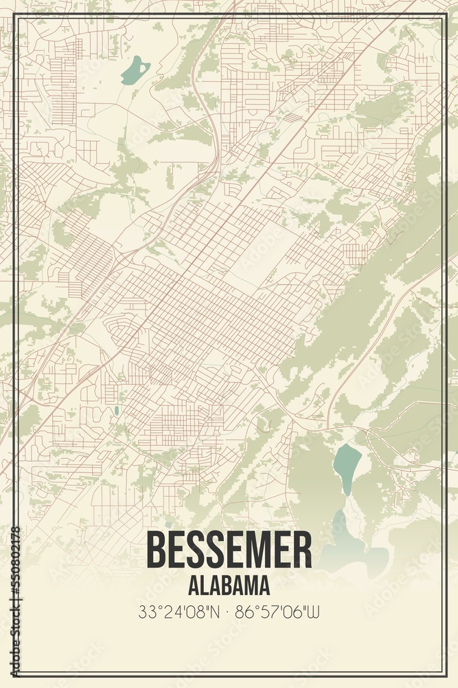 Retro US city map of Bessemer, Alabama. Vintage street map.