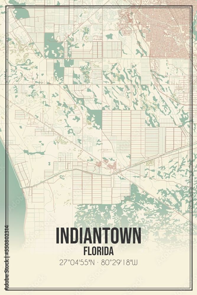 Retro US city map of Indiantown, Florida. Vintage street map.