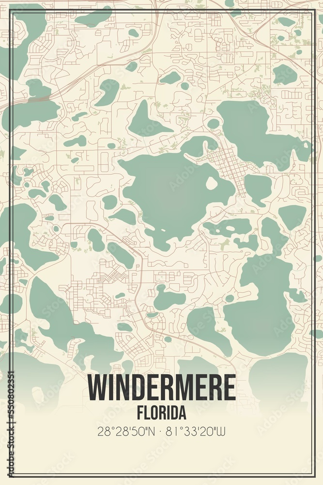 Obraz premium Retro US city map of Windermere, Florida. Vintage street map.