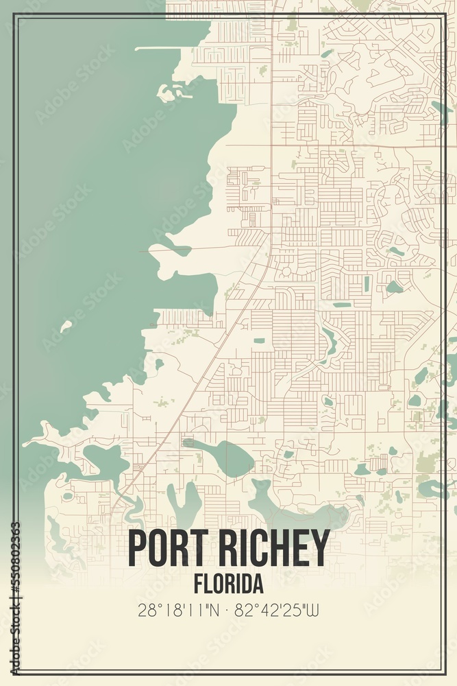 Retro US city map of Port Richey, Florida. Vintage street map.