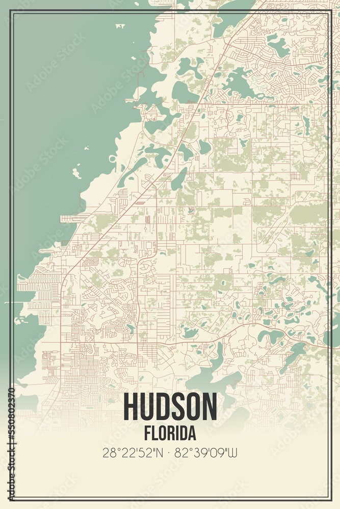 Retro US city map of Hudson, Florida. Vintage street map.