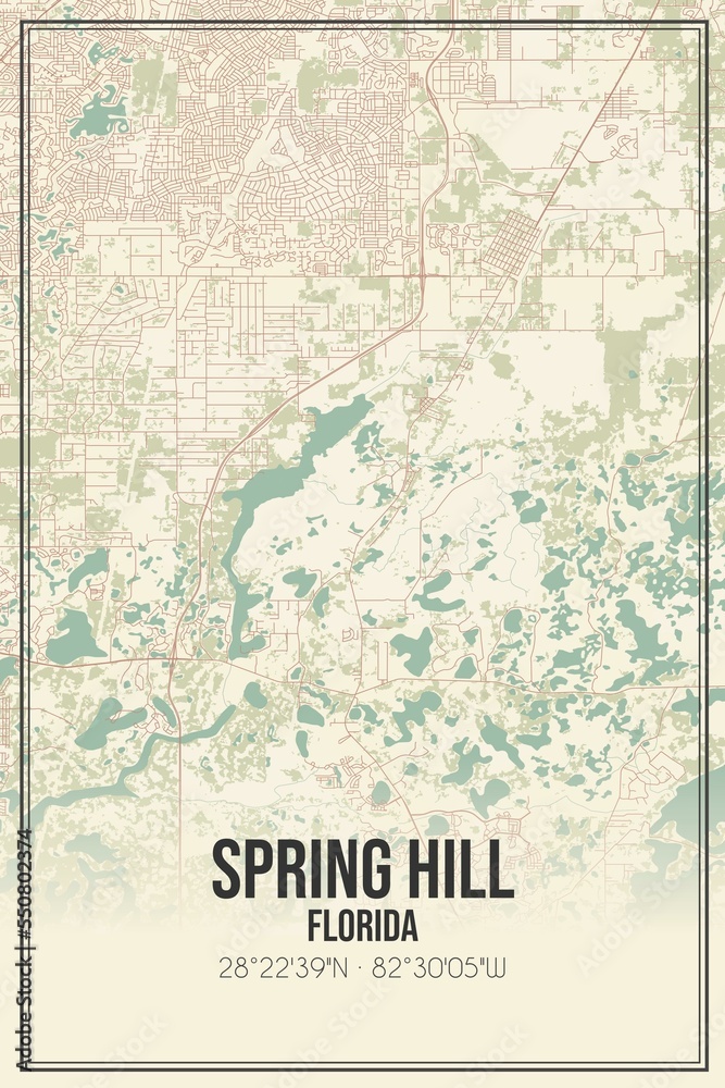 Retro US city map of Spring Hill, Florida. Vintage street map.