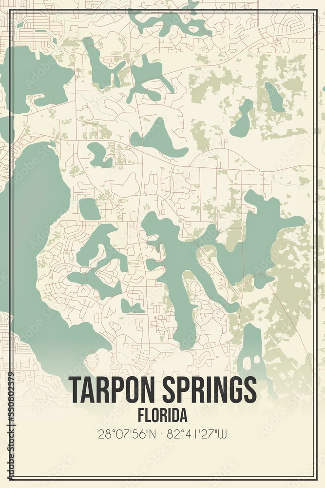 Retro US city map of Tarpon Springs, Florida. Vintage street map.