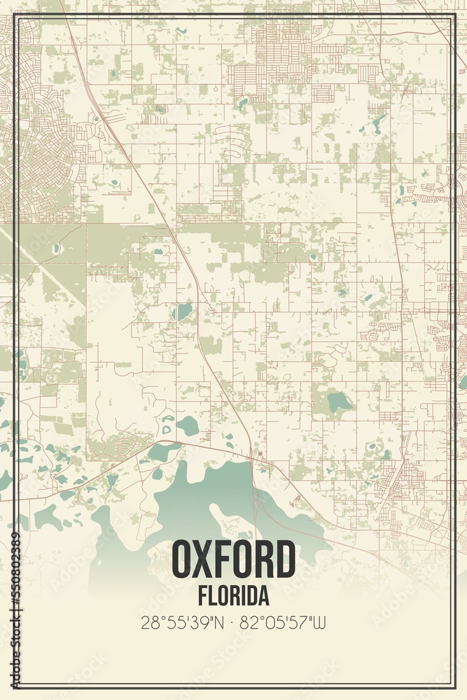 Retro US city map of Oxford, Florida. Vintage street map.