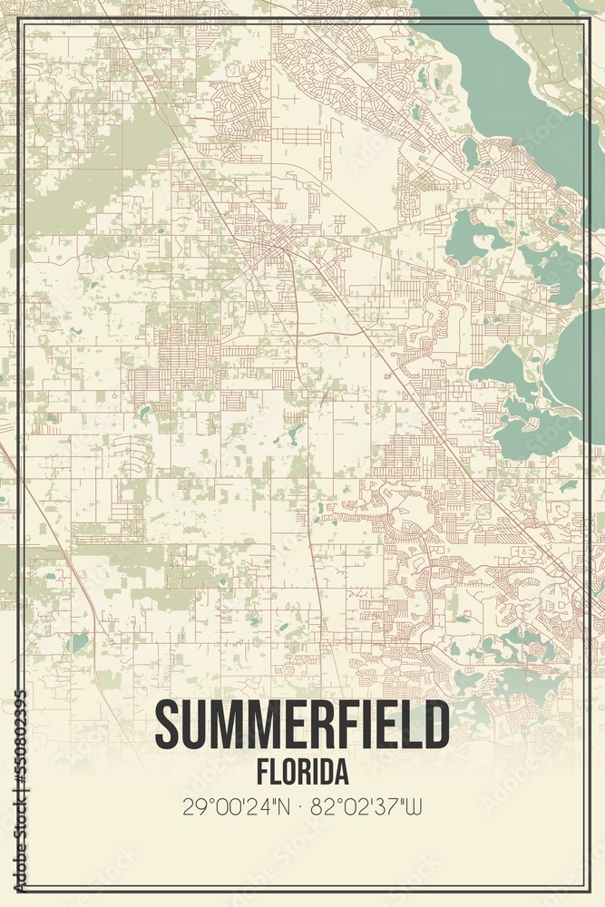 Retro US city map of Summerfield, Florida. Vintage street map.