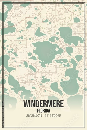 Retro US city map of Windermere, Florida. Vintage street map. photo