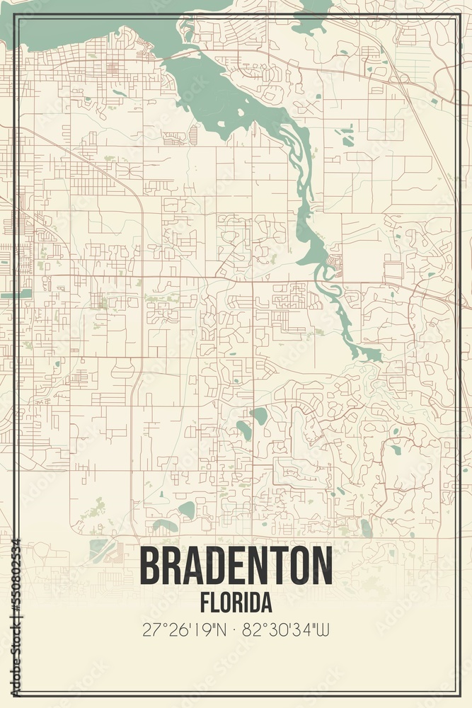 Retro US city map of Bradenton, Florida. Vintage street map.