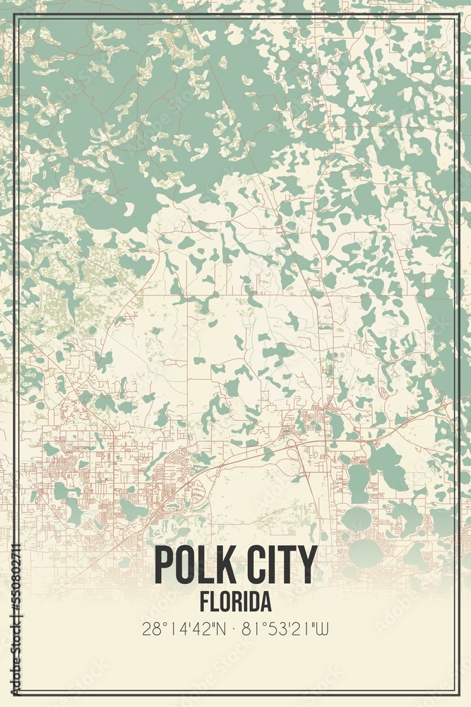 Retro US city map of Polk City, Florida. Vintage street map.