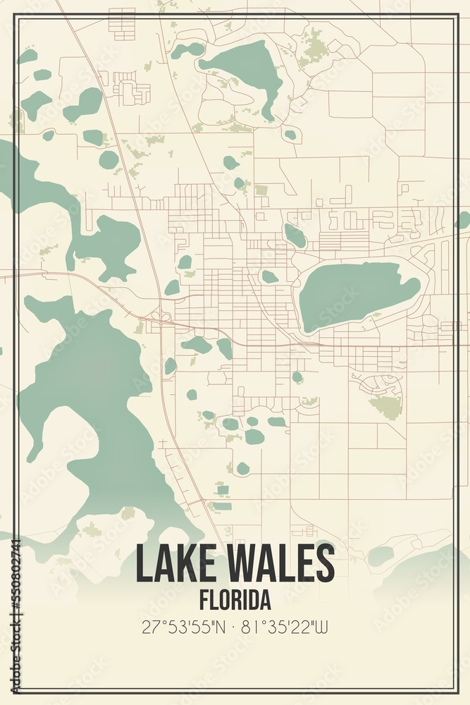 Retro US city map of Lake Wales, Florida. Vintage street map.