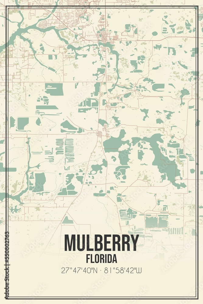 Retro US city map of Mulberry, Florida. Vintage street map.