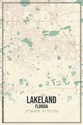 Fototapeta Naklejka Na Ścianę i Meble -  Retro US city map of Lakeland, Florida. Vintage street map.