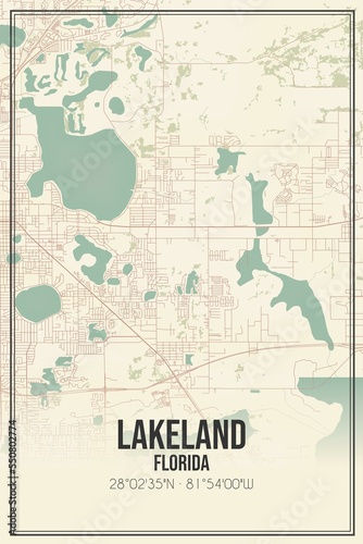 Retro US city map of Lakeland  Florida. Vintage street map.