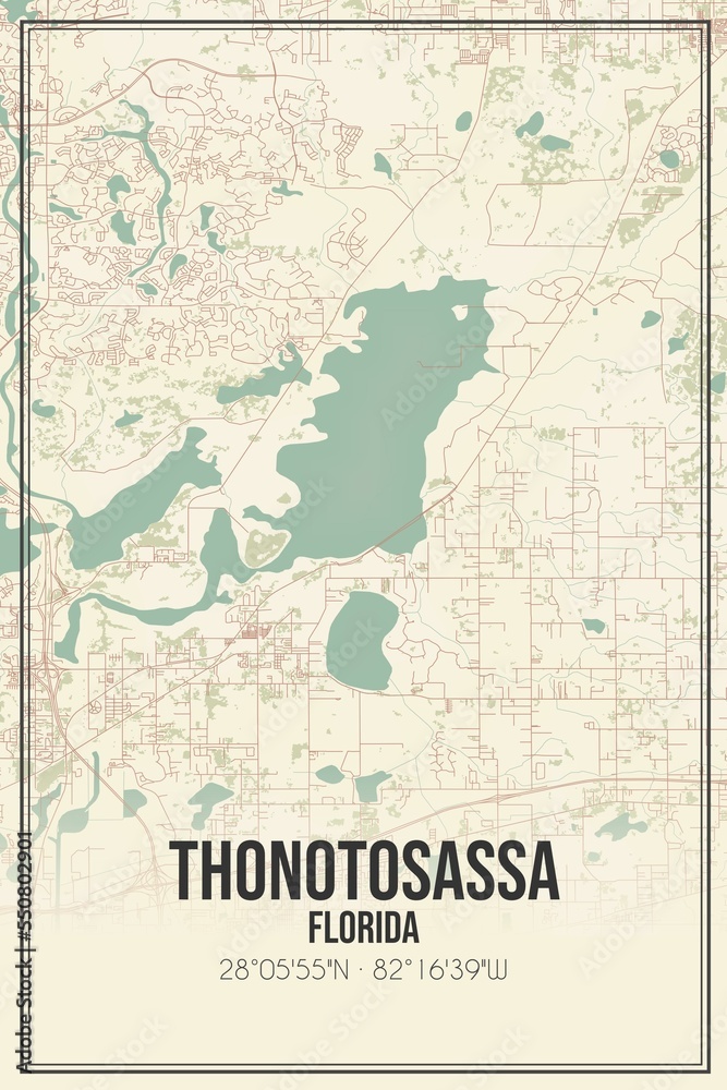 Retro US city map of Thonotosassa, Florida. Vintage street map.