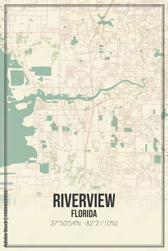 Retro US city map of Riverview, Florida. Vintage street map.