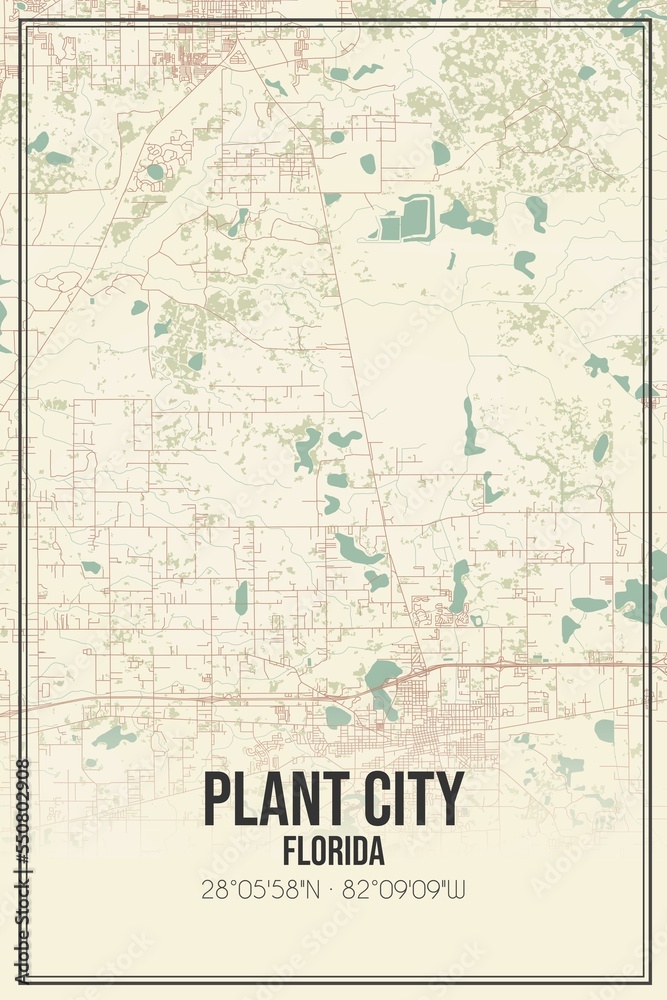 Retro US city map of Plant City, Florida. Vintage street map.
