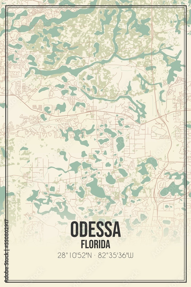 Retro US city map of Odessa, Florida. Vintage street map.
