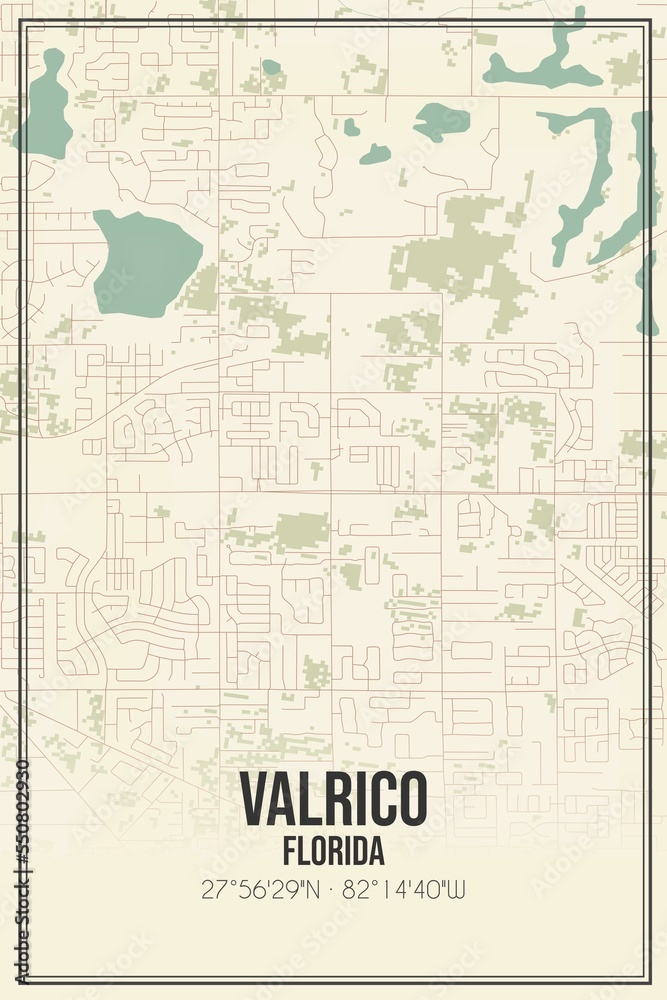 Retro US city map of Valrico, Florida. Vintage street map.