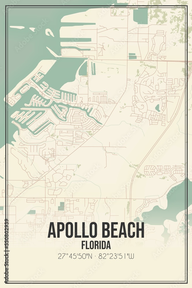 Retro US city map of Apollo Beach, Florida. Vintage street map.