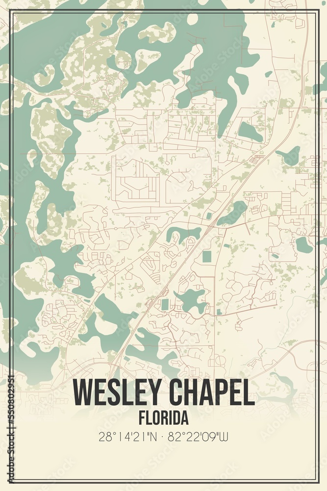 Retro US city map of Wesley Chapel, Florida. Vintage street map.