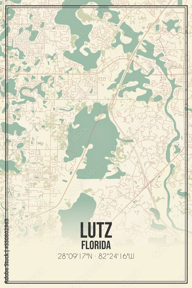 Retro US city map of Lutz, Florida. Vintage street map.