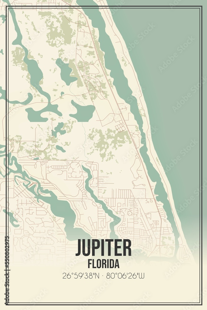 Retro US city map of Jupiter, Florida. Vintage street map.
