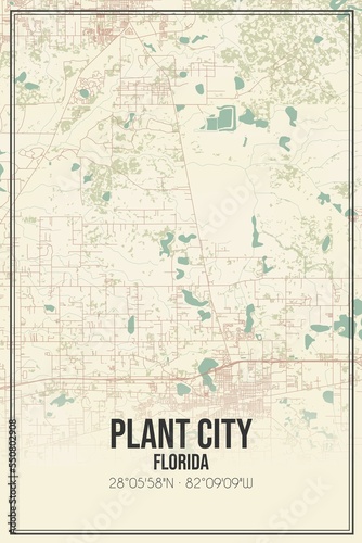 Fototapeta Naklejka Na Ścianę i Meble -  Retro US city map of Plant City, Florida. Vintage street map.